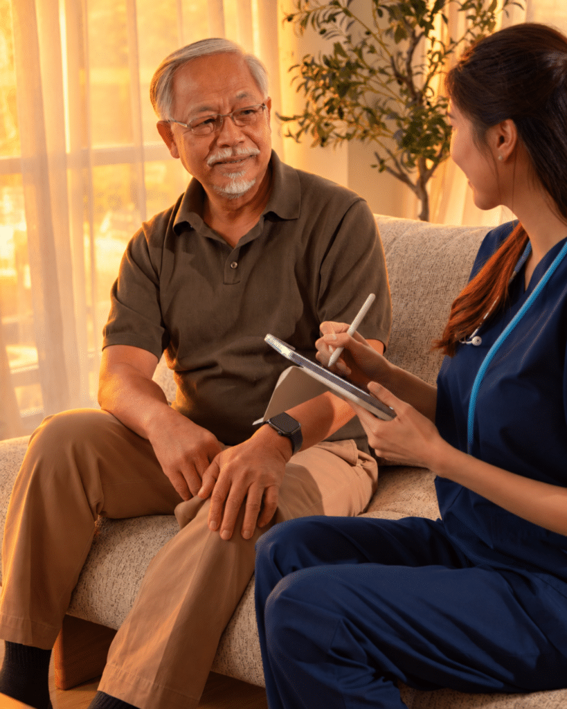 Home healthcare provider discussing care with an older patient